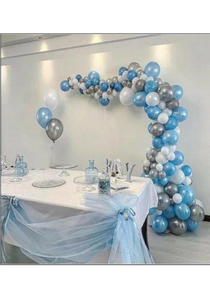 50 Adet 12 Inç Metalik Parti Balonu Metalik Mavi -Metalik Beyaz - Metalik Gümüş + 5 mt Balon Zinciri