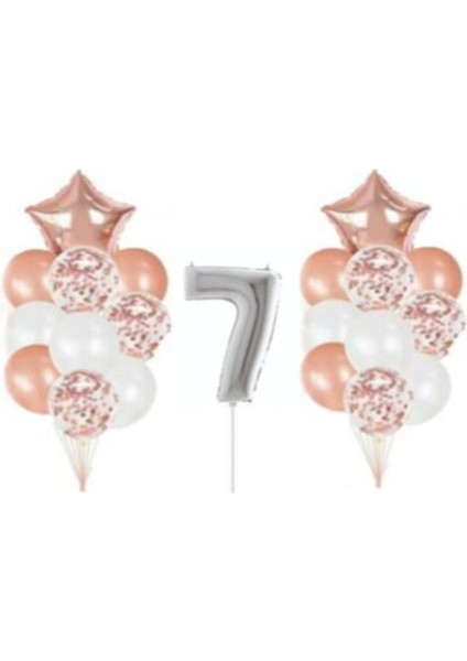 Gümüş 7 Yaş Rose Gold Konfetili Şeffaf Balon Seti