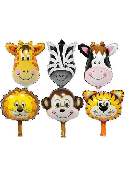 6 Adet 14'' 35 cm Safari Set Folyo Balon Hayvan Seti Maymun-Zürafa-Zebra-Aslan-Inek-Kaplan