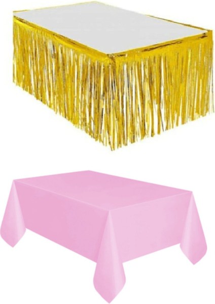 Gold Metalize Masa Etegi + Plastik Pembe Masa Örtüsü