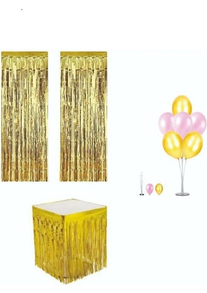 Püsküllü Metalize Gold Masa Eteği Duvar Kapı Perdesi Balon Standı