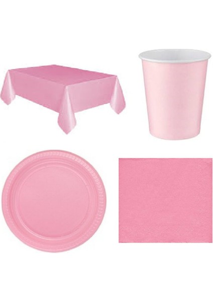 Pembe Masa Örtüsü Bardak Tabak Peçete Seti 16 Kişilik