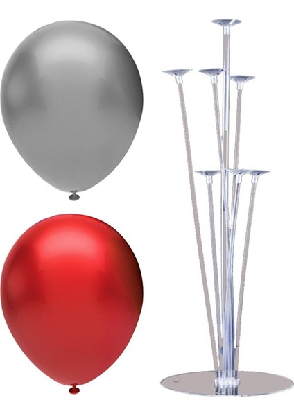 7 Çubuklu Balon Standı + 7 Adet Balon ( Kırmızı, Gümüş )