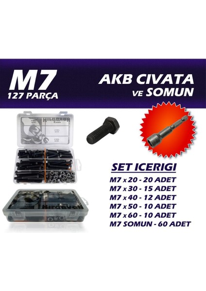 127 Parça M7 Akb Cıvata Seti + 11 Somun Adaptörü