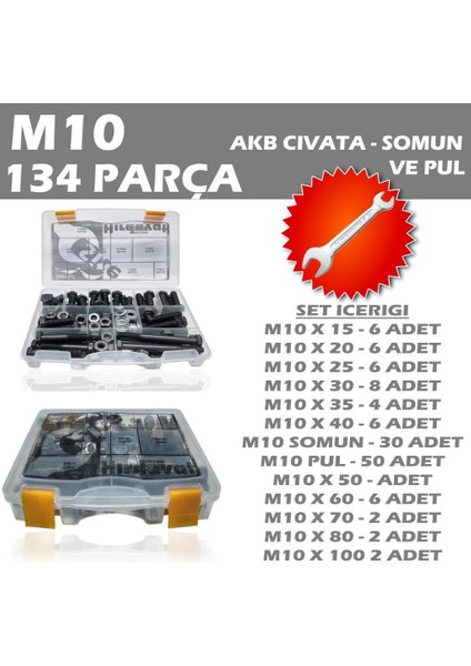 134 Parça M10 Akb Civata Seti + 13-17 Açık Ağızlı Anahtar Seti