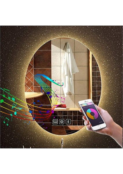 Global Led Mirror 55X75 cm Müzik Çalarlı Dokunmatik Tuşlu Buğu Çözücü Ledli Elips Banyo Aynası