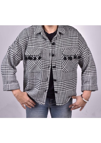 Siyah Beyaz Kazayağı Desen Oduncu Ceket Gömlek