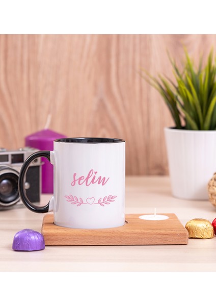 Kişiye Özel Kadına Hediye Isim Yazılı Ahşap Altlıklı Mumlu Siyah Kupa Bardak
