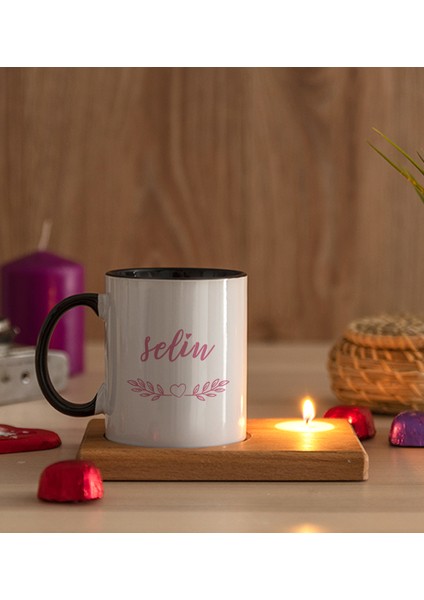 Kişiye Özel Kadına Hediye Isim Yazılı Ahşap Altlıklı Mumlu Siyah Kupa Bardak modelleri