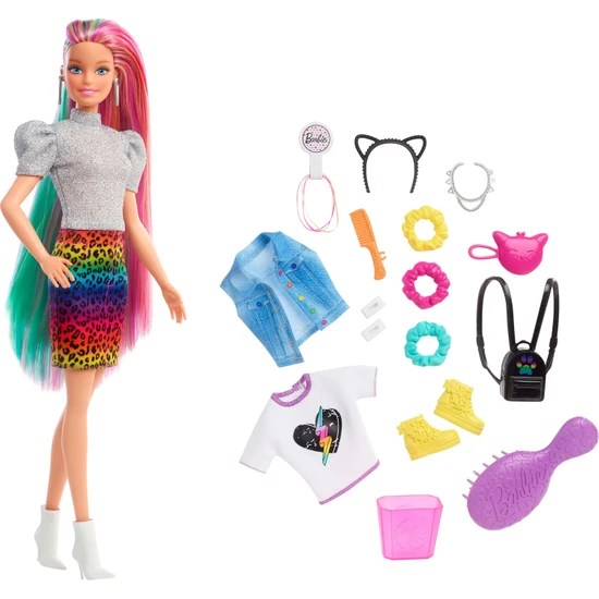 Barbie Leopar Desenli Saçlar Bebeği, 16 Adet Saç Ve Giysi Aksesuarı İle Sarışın Bebek, 3-7 Yaş Arası İçin Grn81