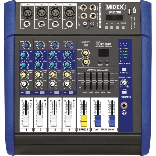 Midex MP-700 Power Mikser Amfi 2 x 350W 4 Kanal Dsp Efekt Eq USB