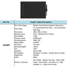 Huion H1060P Mikro USB Dijital Grafik Çizim Tableti (Yurt Dışından)