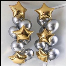 Best Parti Gümüş Krom Balon 14 Adet Folyo Gold Yıldız 6 Adet Balon Seti