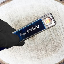 Mobgift Kişiye Özel Elektronik/tungsten Tesla Çakmak Aşağı Kaydırmalı USB Şarjlı (Parlement Mavisi - Gümüş)