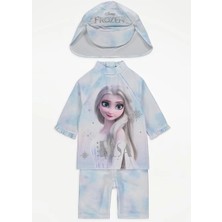 George Kız Çocuk Güneş Korumalı Frozen Elsa Baskılı Şapkalı Alt-Üst Mayo