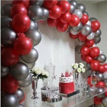 Best Parti 100 Adet 12 Inç Metalik Kırmızı Gümüş Balon+ 5 mt Balon Zinciri