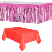 Best Parti Pembe Metalize Masa Etegi + Plastik Kırmızı Masa Örtüsü