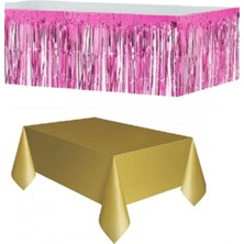 Best Parti Pembe Metalize Masa Etegi + Plastik Gold Masa Örtüsü