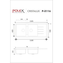 POLEX Cristalüx Granit Evye P-X116 Antrasit 2 Hazneli Tezgah Altı Ve Tezgah Üstü Mutfak Evyesi 116,5x50,8cm