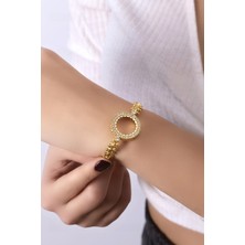 Liya Takı 22 Ayar Has Altın Kaplama Zirkon Taşlı Çeyrek Uyumlu Içi Boş Çerçeveli Dorika Bileklik