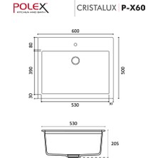 POLEX Cristalüx Granit Evye P-X60 Antrasit Tezgah Altı Ve Tezgah Üstü Kare Mutfak Evyesi 60x50cm