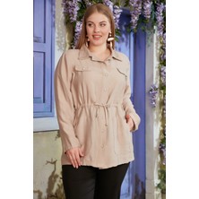 Rmg Bel Bağcık Detaylı Büyük Beden Vizon  Keten Ceket