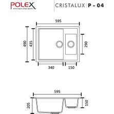 POLEX Cristalüx Granit Evye P-04 Antrasit 1,5 Gözlü Tezgah Altı Ve Tezgah Üstü Kare Mutfak Evyesi 59,5x49cm