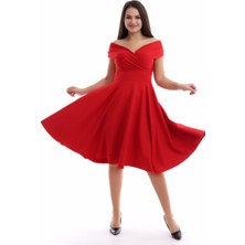 Fasmia Kırmızı Kayık Yaka Elbise F107