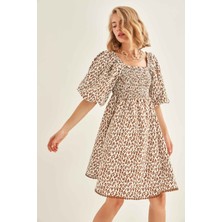 Vitrin Leopar Desenli Balon Kol Elbise