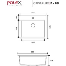 POLEX Cristalüx Granit Evye P-08 Antrasit Tezgah Altı Ve Tezgah Üstü Kare Mutfak Evyesi 55,5x50cm