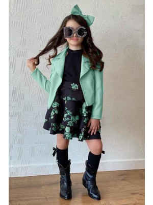 Riccotarz Kız Çocuk Blazer Ceketli ve Çiçek Baskılı Yeşil Fırfır Etekli Takım