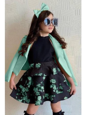 Riccotarz Kız Çocuk Blazer Ceketli ve Çiçek Baskılı Yeşil Fırfır Etekli Takım
