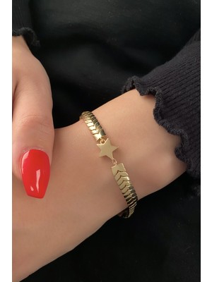 Fiyonk Kuyumculuk 14 Ayar Altın Yıldız Detaylı Geniş Balıksırtı Bileklik