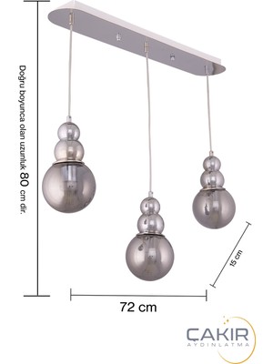 Çakır Aydınlatma Salkım 3 Lü Top Füme Camlı Gümüş ( Krom ) Sıralı Sarkıt Avize