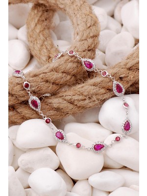 Sümer Telkari Kök Yakut Damla Montürlü Rodyumlu Gümüş Bileklik 3902