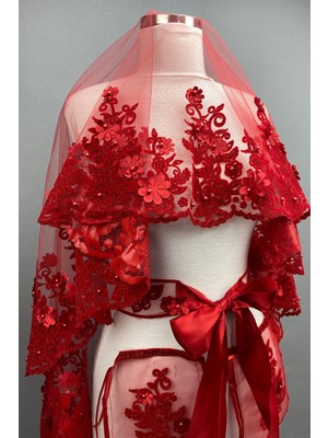 Hayalperest Boncuk Kırmızı Lena 3 Boyutlu Çiçekli Kına Duvagı Yüz Örtüsü