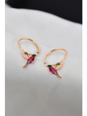 Papatya Silver 925 Ayar Gümüş Rose Kaplama Taşlı Halka Kuş Küpe