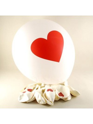 Best Parti Kırmızı Kalp Baskılı Beyaz Balon 12 Inç 20 Adet