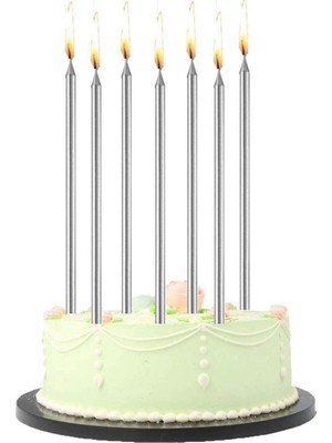 Best Parti 6 Adet Uzun Ince Gümüş Parlak Pasta Mumu ve Mum Altlığı 20 cm