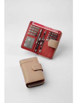 Cengiz Pakel Kadın Orta Boy Cüzdan 65256M Vizon-Kırmızı
