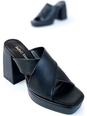 BeBeQ Burch Siyah Mat Çapraz Bant Kalın Topuklu Kadın Terlik