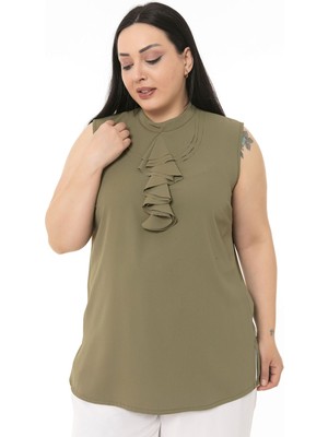 Disentis Modest Büyük Beden Yakası Üç Kat Volanlı Yanları Yırtmaçlı Düğmesiz Kolsuz Haki Gömlek