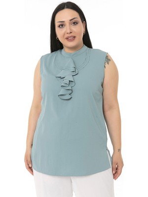 Disentis Modest Büyük Beden Yakası Üç Kat Volanlı Yanları Yırtmaçlı Düğmesiz Kolsuz Mint Yeşili Gömlek