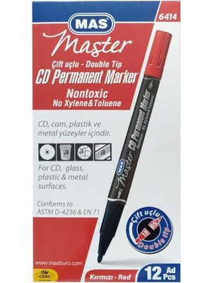 Mas Markör Permanent Kalem (Cd-Dvd Kalemi) Çift Uçlu Kırmızı 6414 (12 Li Paket)