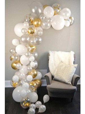 Best Parti Altın Beyaz Şeffaf Renkler Dekorasyon Balon Zinciri 62 Parça