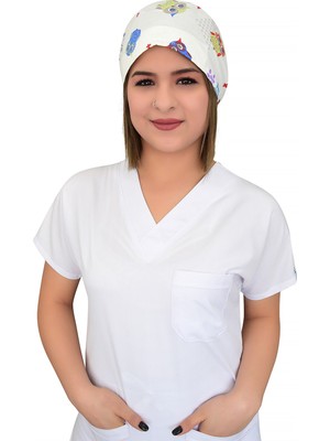 Nur Medikal Giyim Beyaz Baykuş Desenli Cerrahi Bone