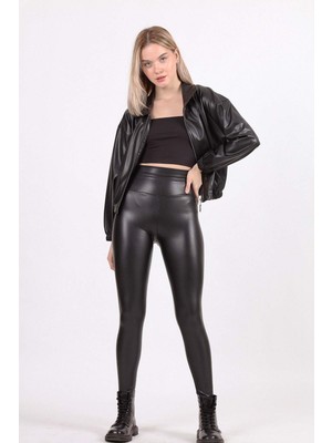 Vitrin Yüksek Bel Bantlı Suni Deri Tayt