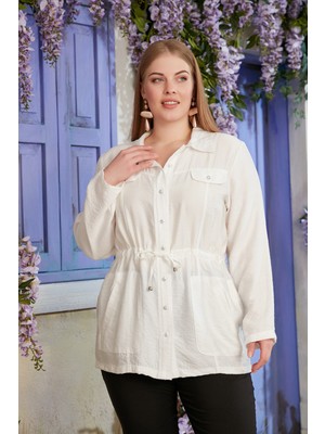 Rmg Bel Bağcık Detaylı Büyük Beden Ekru Keten Ceket