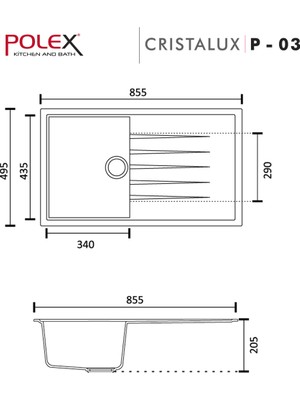 POLEX Cristalüx Granit Evye P-03 Siyah Tezgah Altı Ve Tezgah Üstü Mutfak Evyesi 85x49,5cm