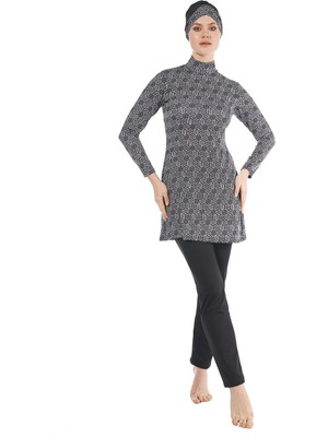 Estiva Tam Kapalı Uzun Kollu Yarım Fermuarlı Etekli Uzun Taytlı Tesettür Mayo